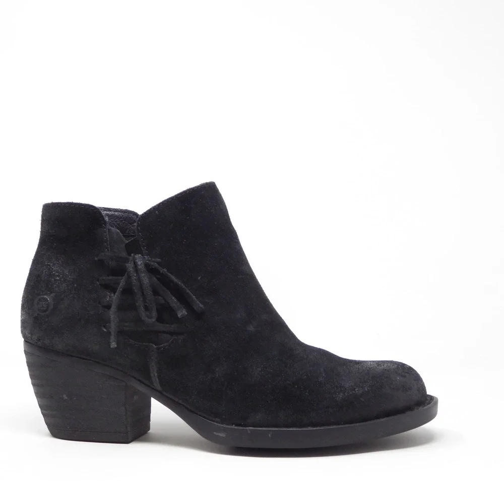 Born Bessie Women Ankle Boots Black Suede Leather Lace Up Side Zip F56903 Size 6